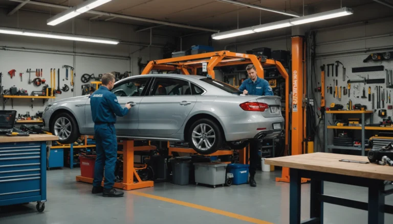 Mécaniciens travaillant sur une voiture dans un atelier de réparation automobile équipé