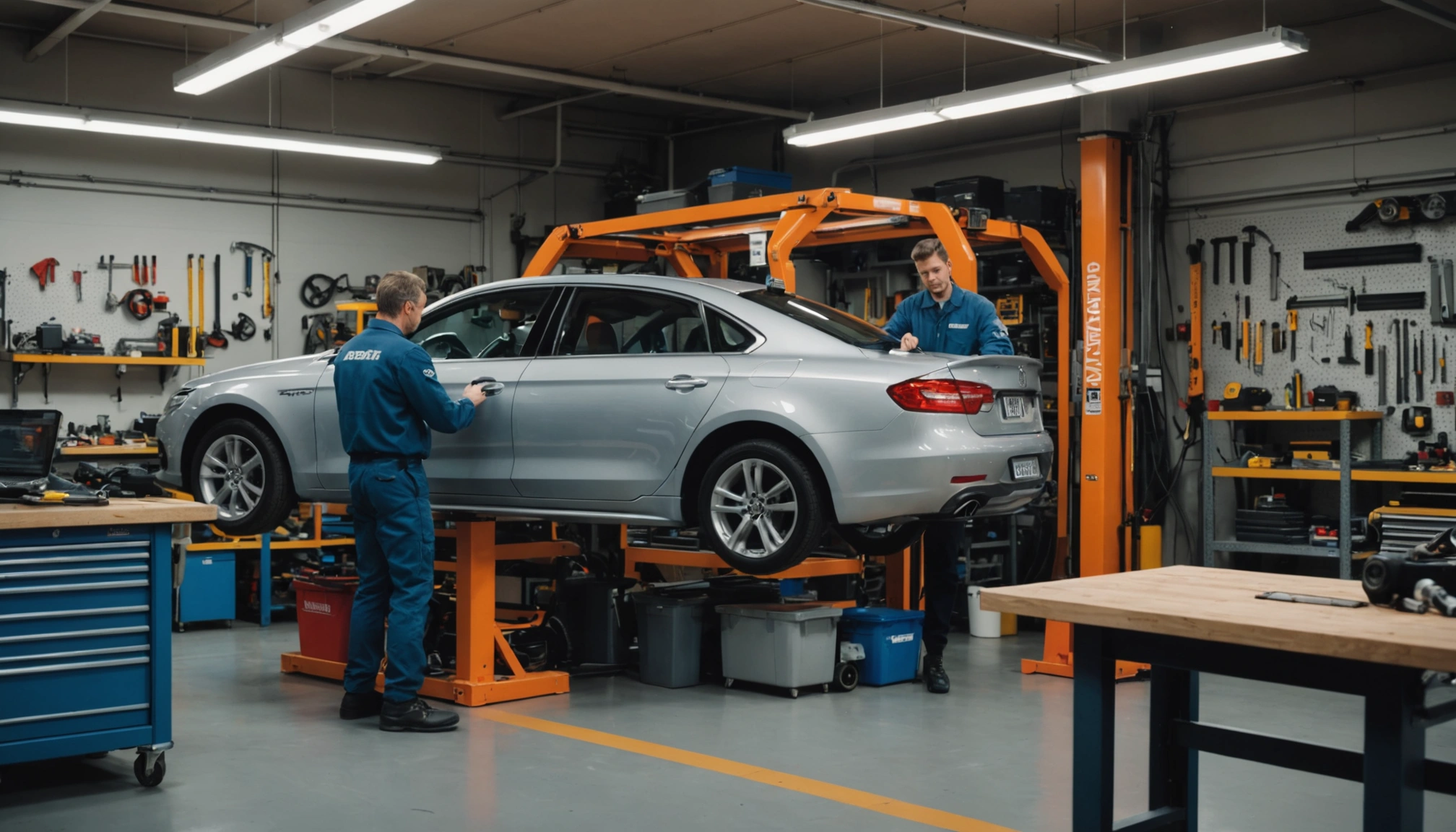 Mécaniciens travaillant sur une voiture dans un atelier de réparation automobile équipé